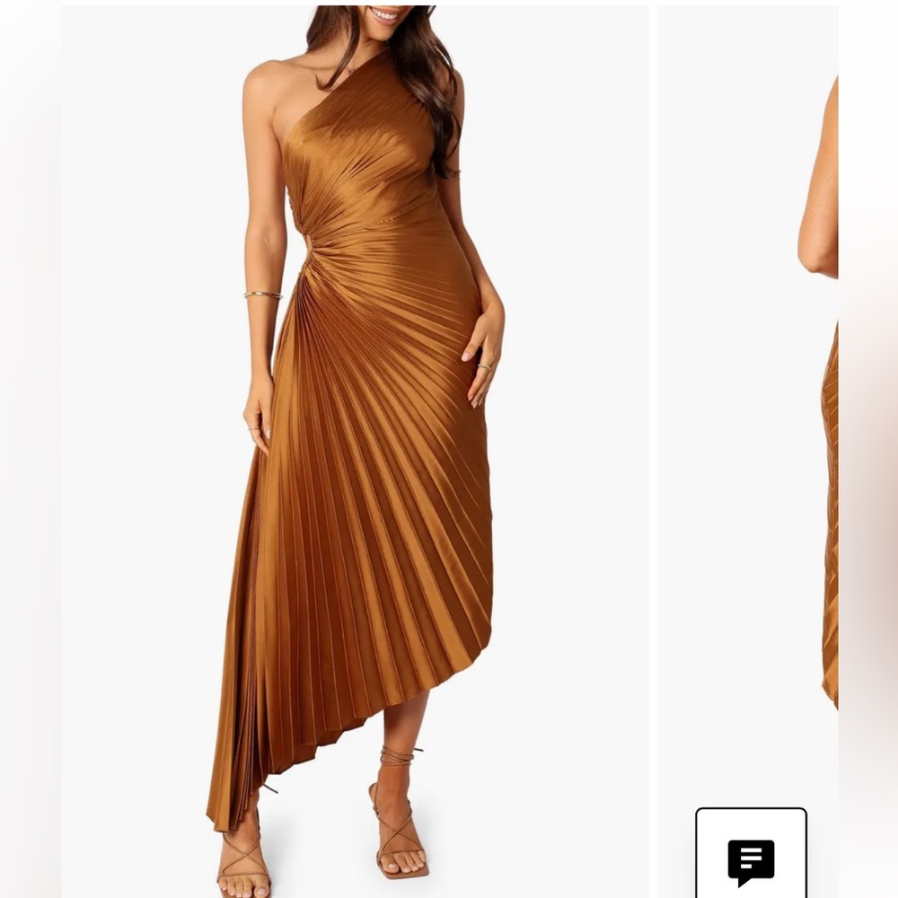 Dress Forum Olympia Asymmetrical Pleated Maxi Dress in Golden Ochre